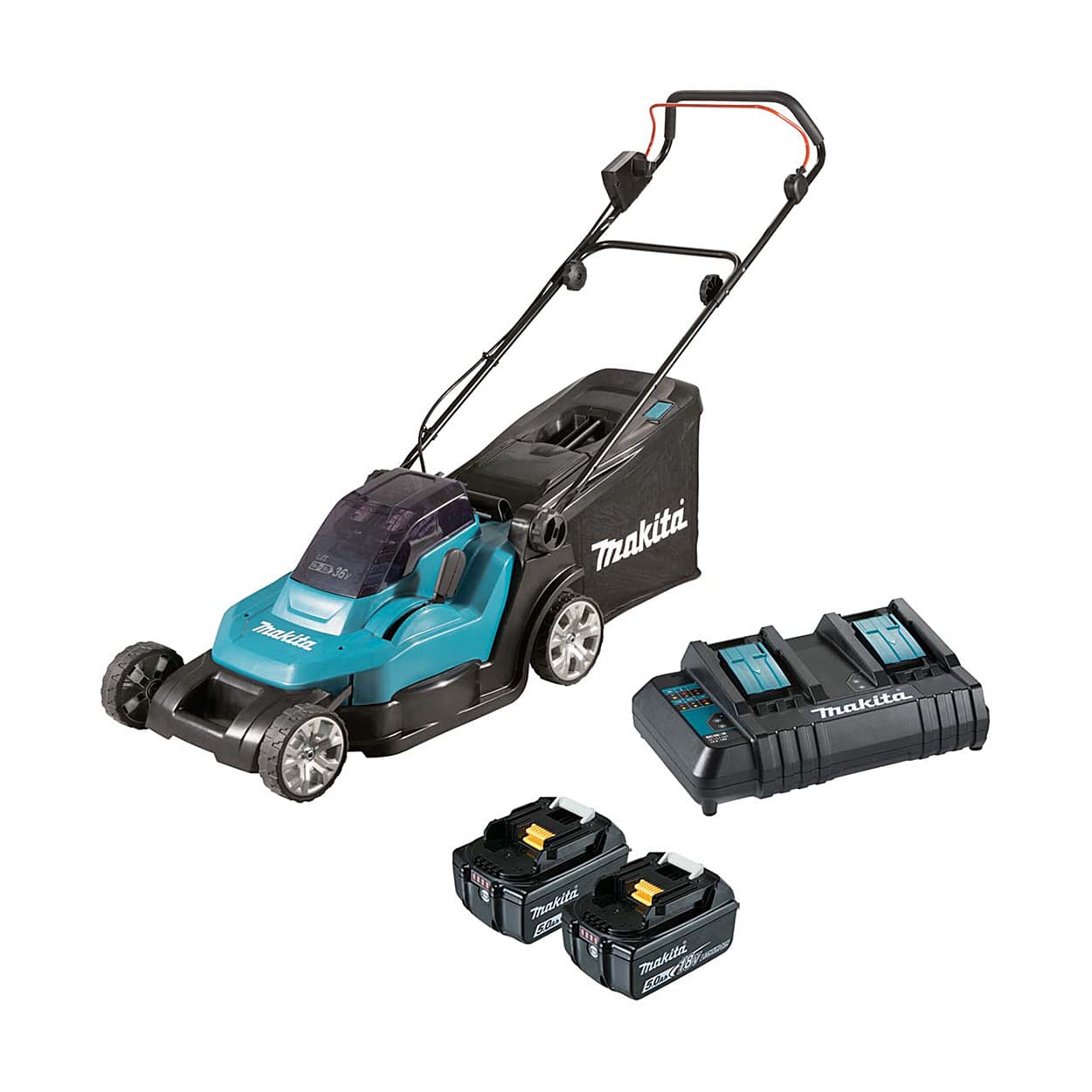 Makita 18V X2 (36V) LXT Li-ion 43 cm Cordless Lawn Mower with Rapid Charger  Pcs Batteries, DLM432PT2
