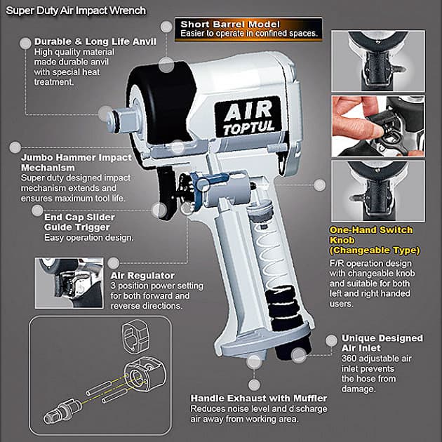 Toptul 1/2 inch Super Duty Air Impact Wrench Torque 500 Ft-Lb),  KAAR1650