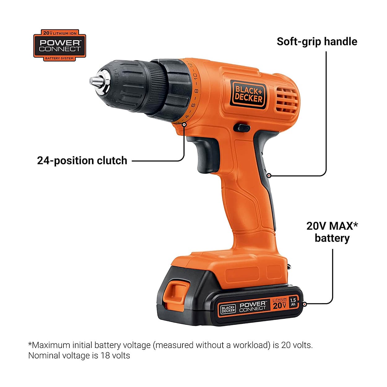 Black+Decker 20V 10mm Cordless Drill Driver With 1x Li-ion Battery  30 Pcs Kit, LD120VA-IN
