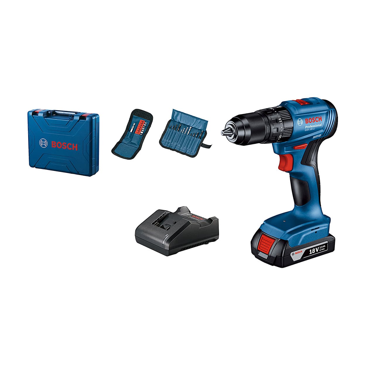 Bosch 18V Lithium-ion Professional Cordless Combi Impact Drill Driver With  23 Pcs Accessoires Kit (Brushless), GSB 185-LI Kit